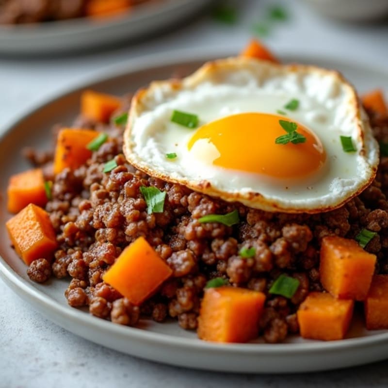 Ground Beef and Sweet Potato Hash with Fried Egg