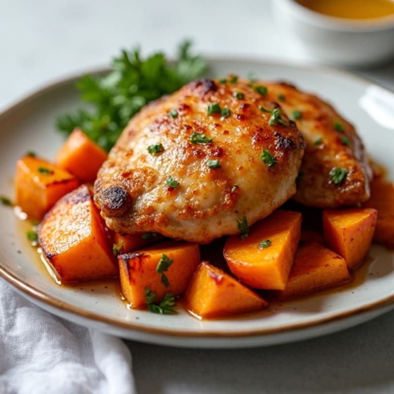 Crispy Sheet Pan Honey-Garlic Chicken Thighs with Roasted Sweet Potatoes
