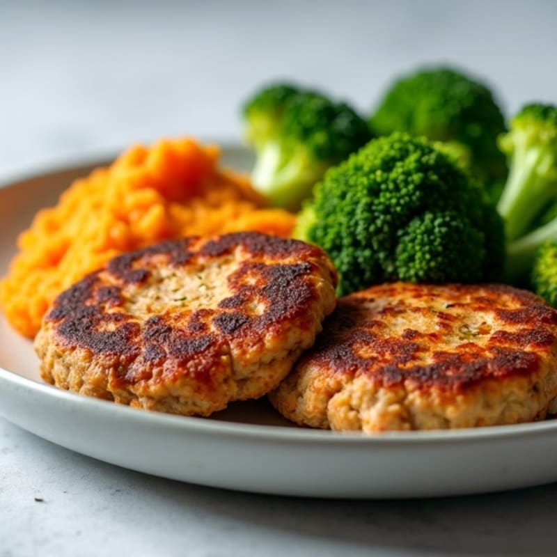 Seared Turkey Patties with Steamed Broccoli and Sweet Potato Mash