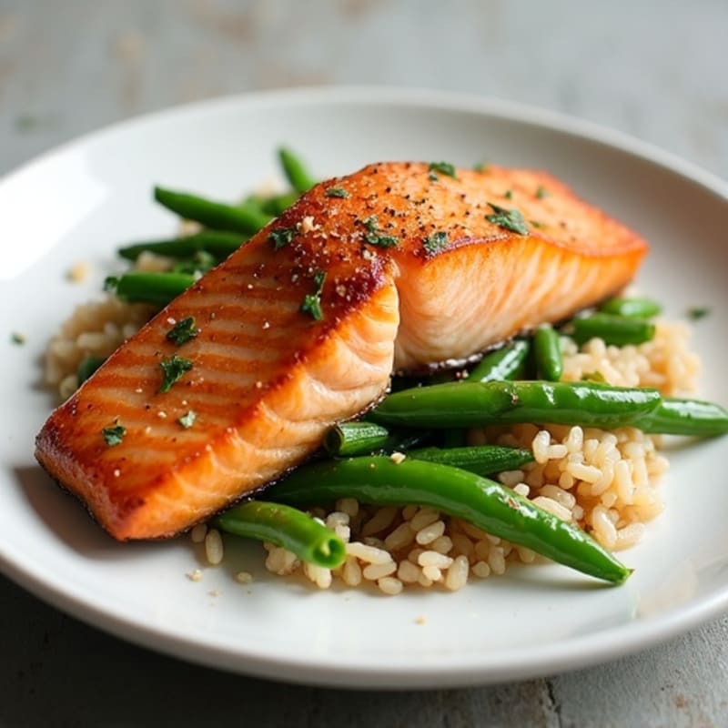 Seared Salmon with Steamed Green Beans and Brown Rice