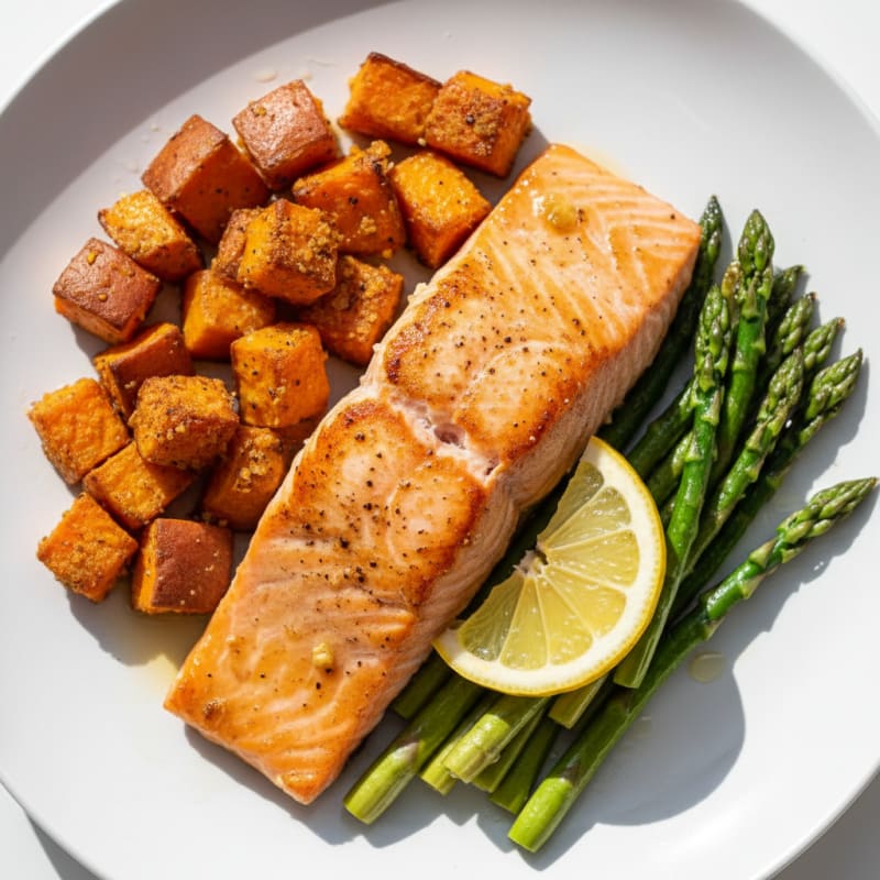 Seared Salmon with Roasted Sweet Potato and Asparagus