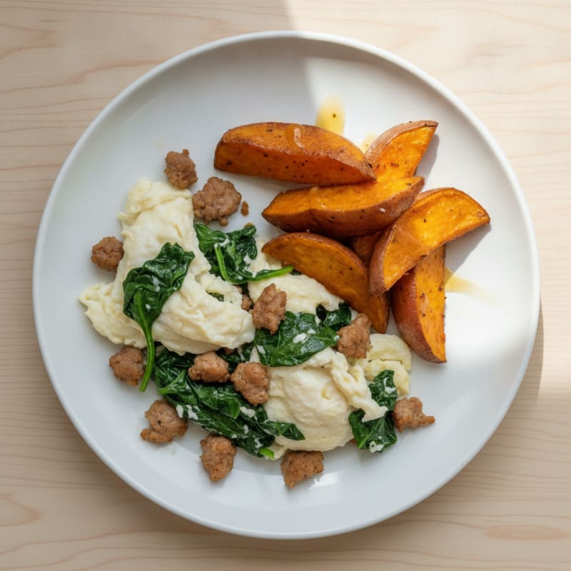 Egg White Scramble with Turkey Sausage and Sautéed Spinach
