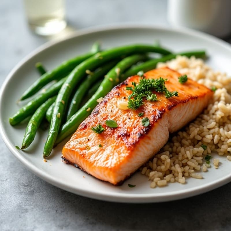 Seared Salmon with Garlic Green Beans and Brown Rice