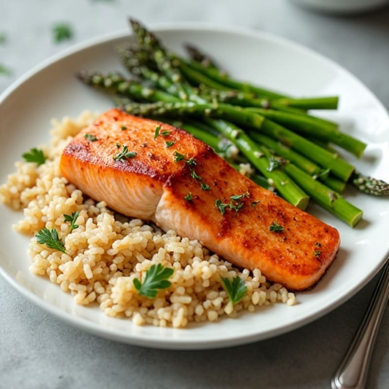 Seared Salmon Fillet with Steamed Asparagus and Brown Rice