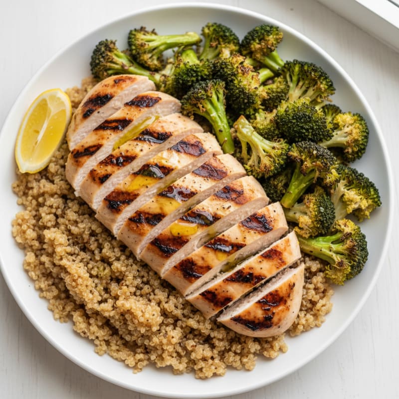 Grilled Chicken Breast with Roasted Broccoli and Quinoa