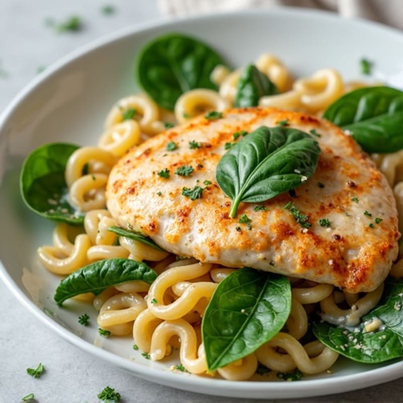Creamy Garlic Chicken Whole Wheat Pasta with Fresh Spinach