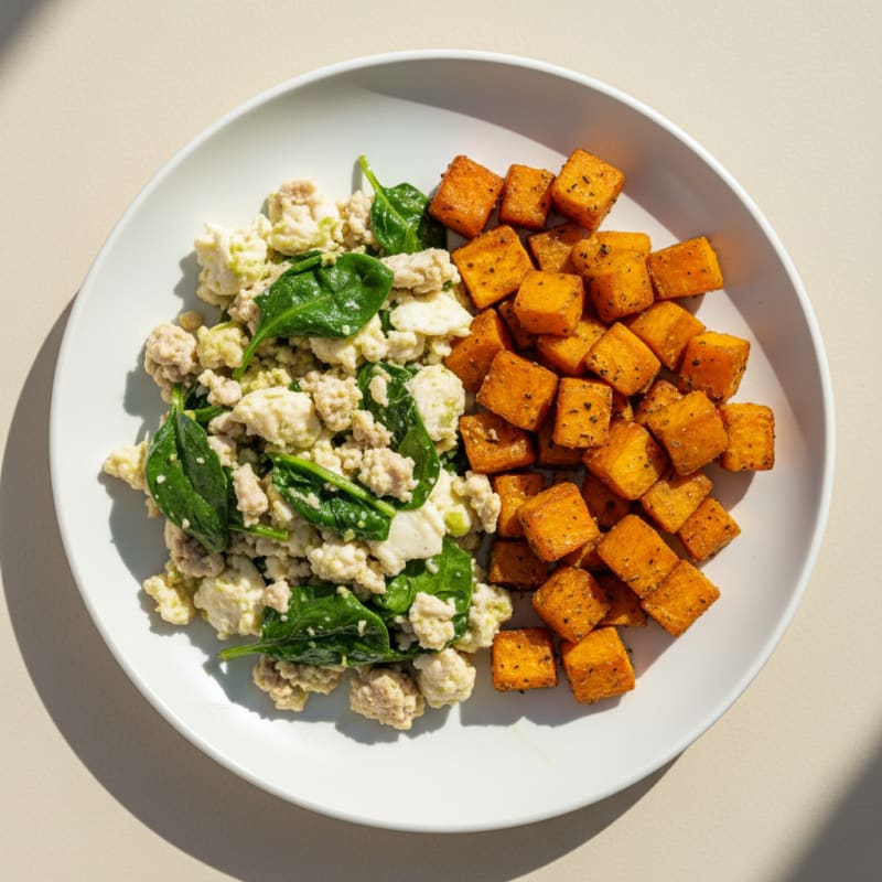 Egg White and Turkey Spinach Scramble with Roasted Sweet Potatoes