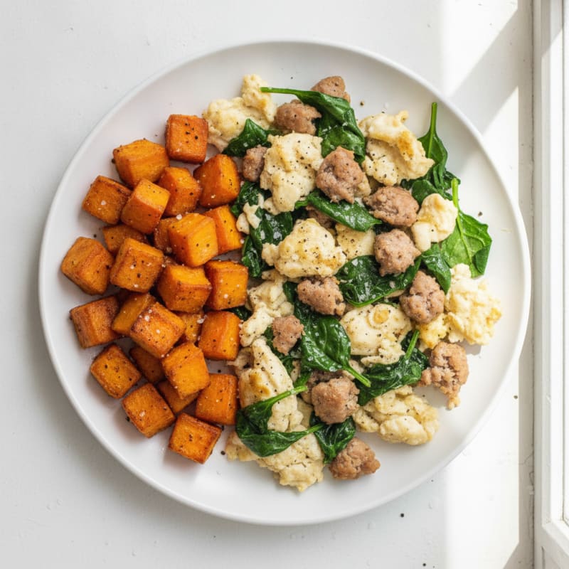 Egg White and Turkey Sausage Scramble with Spinach and Roasted Sweet Potato