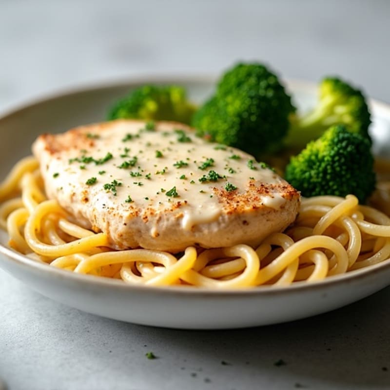 Creamy Garlic Parmesan Chicken with Whole Wheat Pasta and Roasted Broccoli