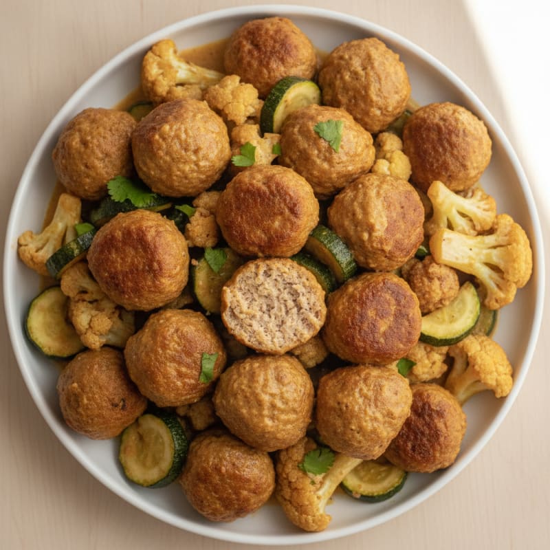 Curried Chicken Meatballs with Roasted Vegetables