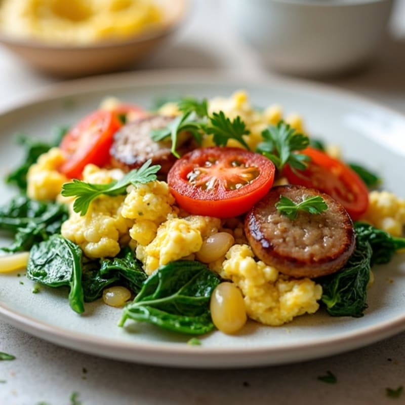 Egg White Spinach Scramble with Grilled Turkey Sausage
