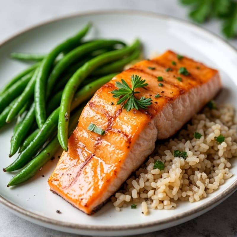 Seared Salmon Fillet with Garlic Green Beans and Brown Rice