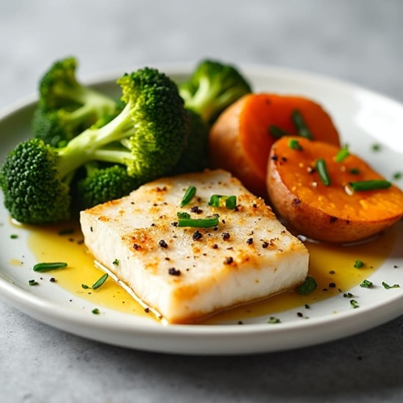 Seared White Fish with Roasted Broccoli and Sweet Potato