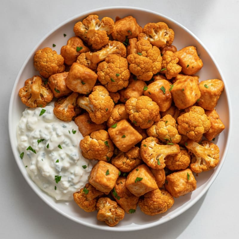Buffalo Cauliflower and Chicken Bites with Blue Cheese Dip