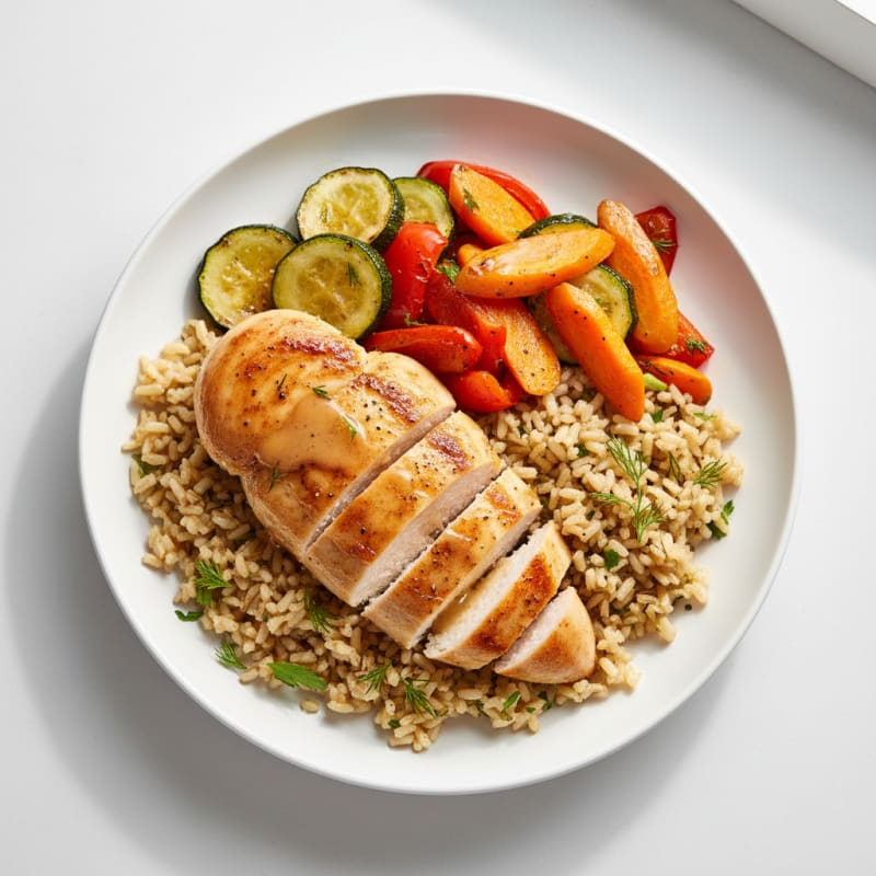 Seared Chicken Breast with Roasted Vegetables and Herbed Rice