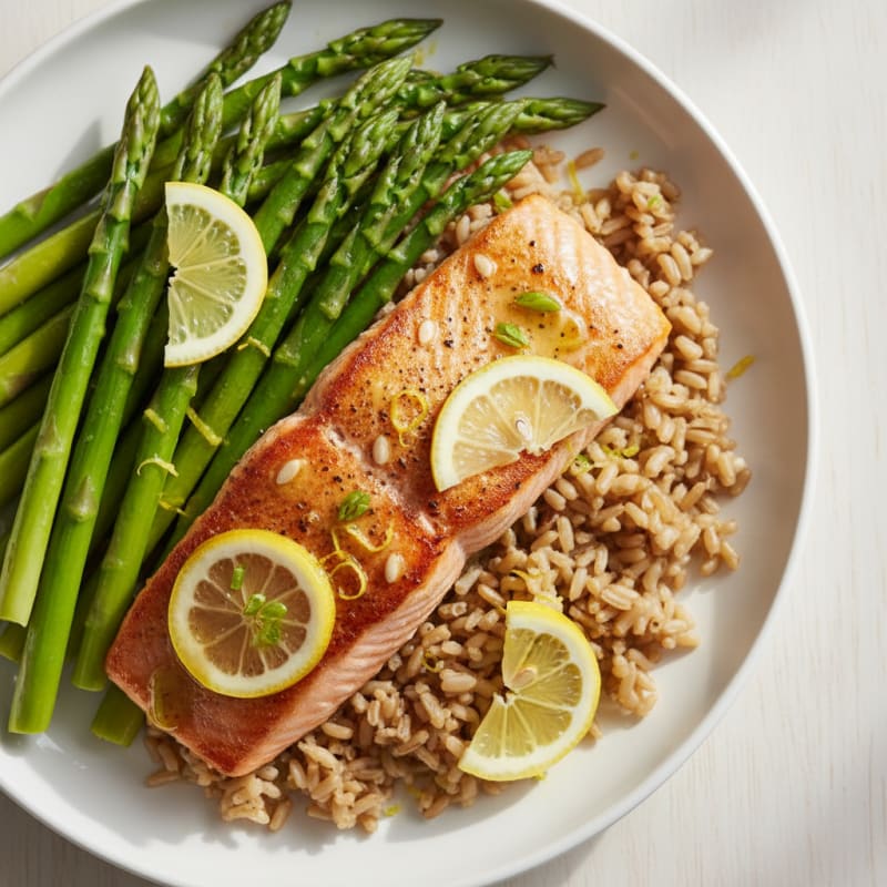 Seared Salmon Fillet with Steamed Asparagus and Brown Rice