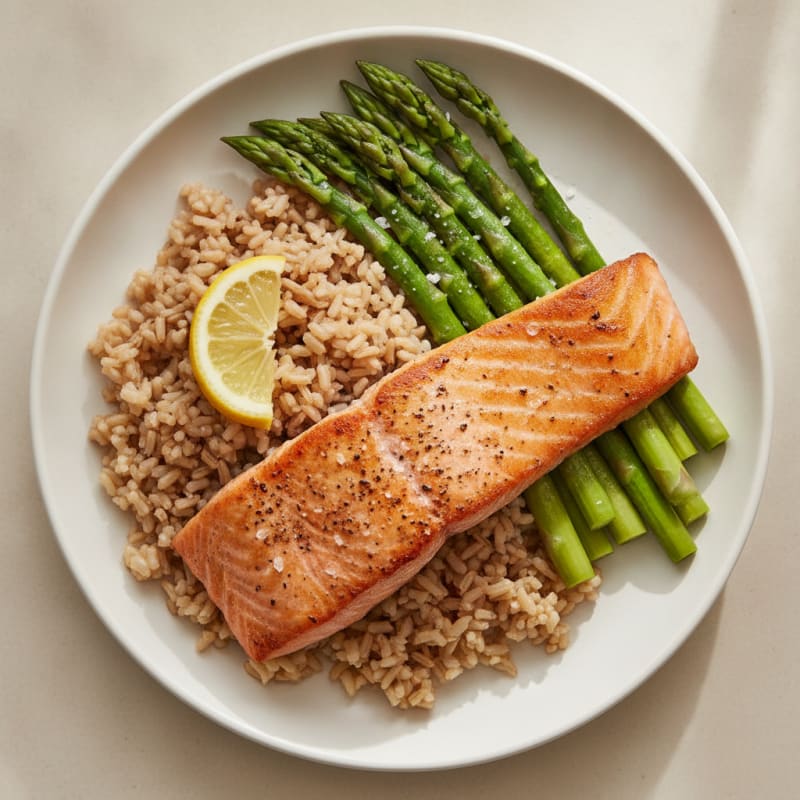 Seared Salmon Fillet with Steamed Asparagus and Brown Rice