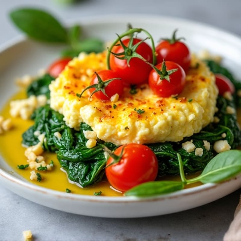 Cottage Cheese Egg Scramble with Spinach and Cherry Tomatoes