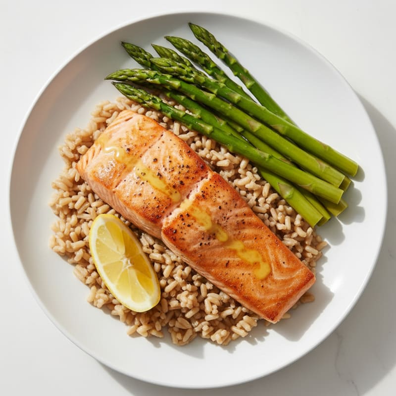 Seared Salmon with Steamed Asparagus and Brown Rice