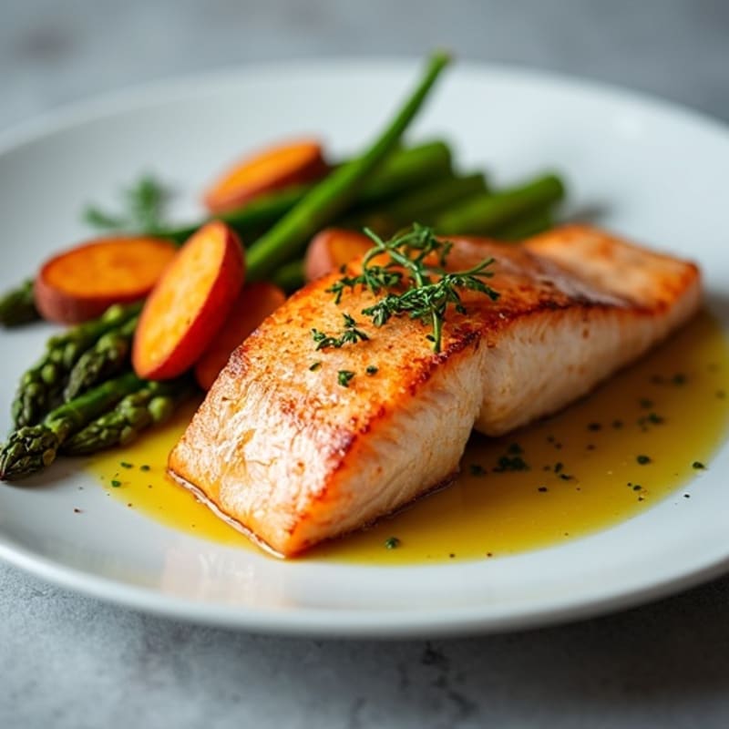 Seared Salmon with Roasted Sweet Potatoes and Asparagus