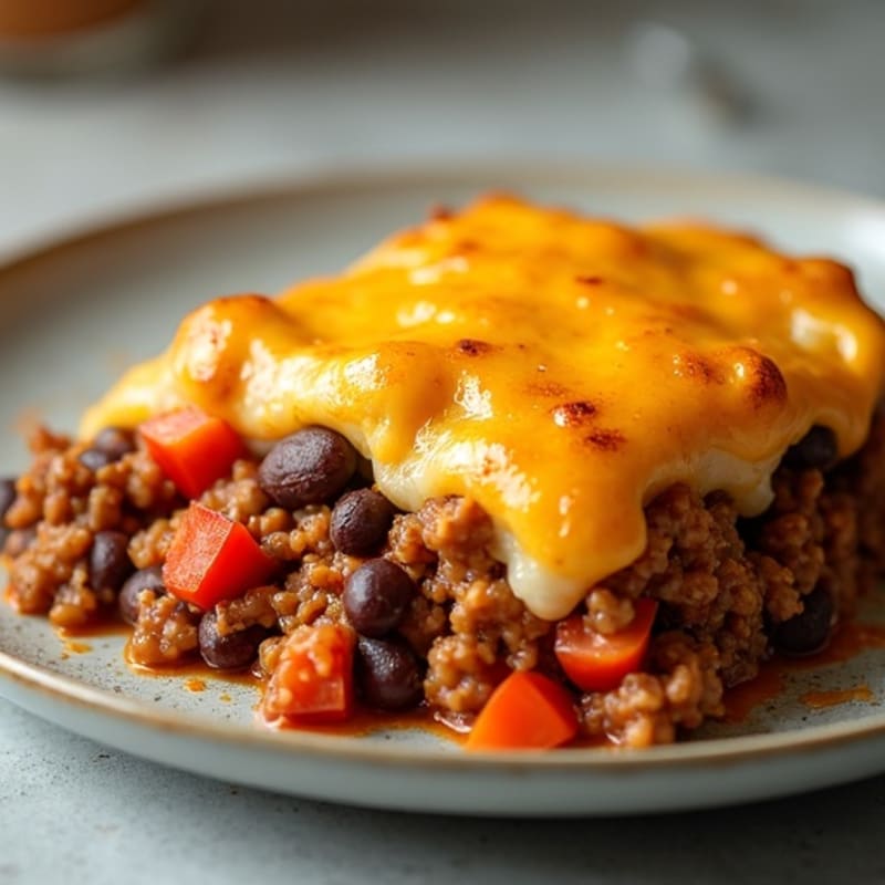 Cheesy Baked Lean Ground Beef and Black Bean Enchilada Casserole
