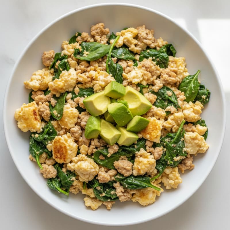 Cottage Cheese Scramble with Spinach and Sautéed Turkey