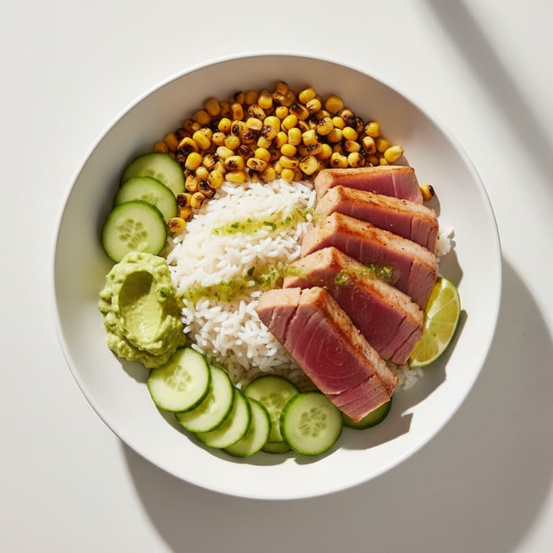 Grilled Tuna and Rice Bowl with Corn and Cucumber
