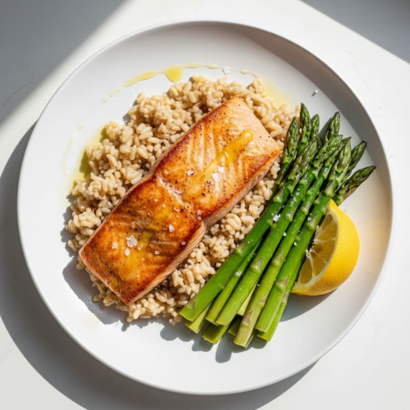 Seared Salmon with Steamed Asparagus and Brown Rice