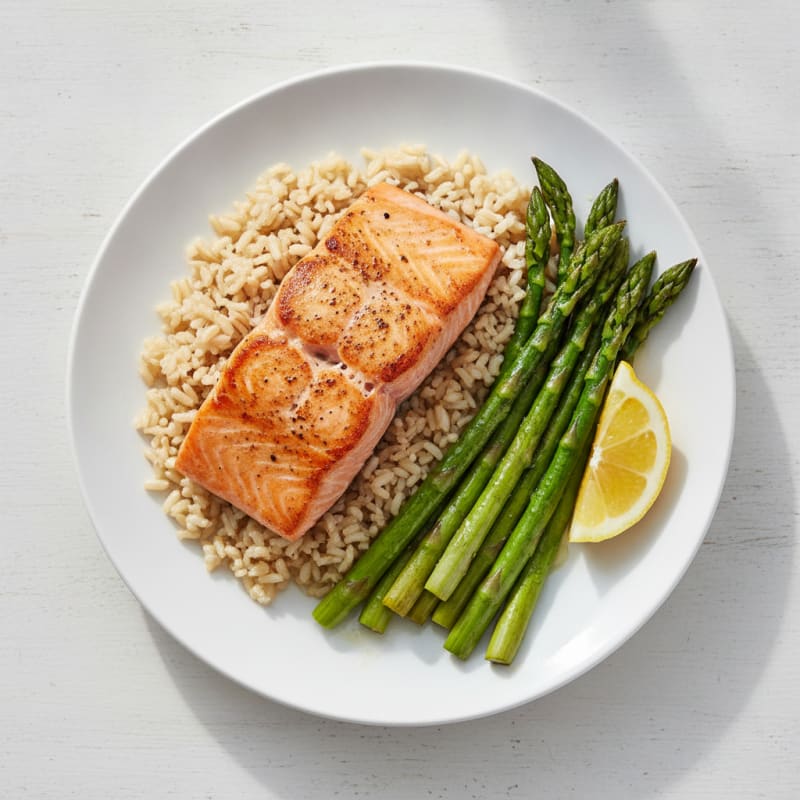 Seared Salmon with Brown Rice and Roasted Asparagus