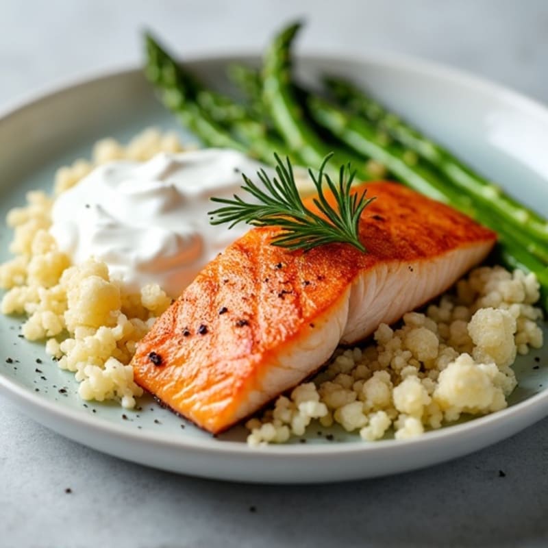 Seared Salmon with Steamed Asparagus, Cauliflower Rice & Herbed Greek Yogurt