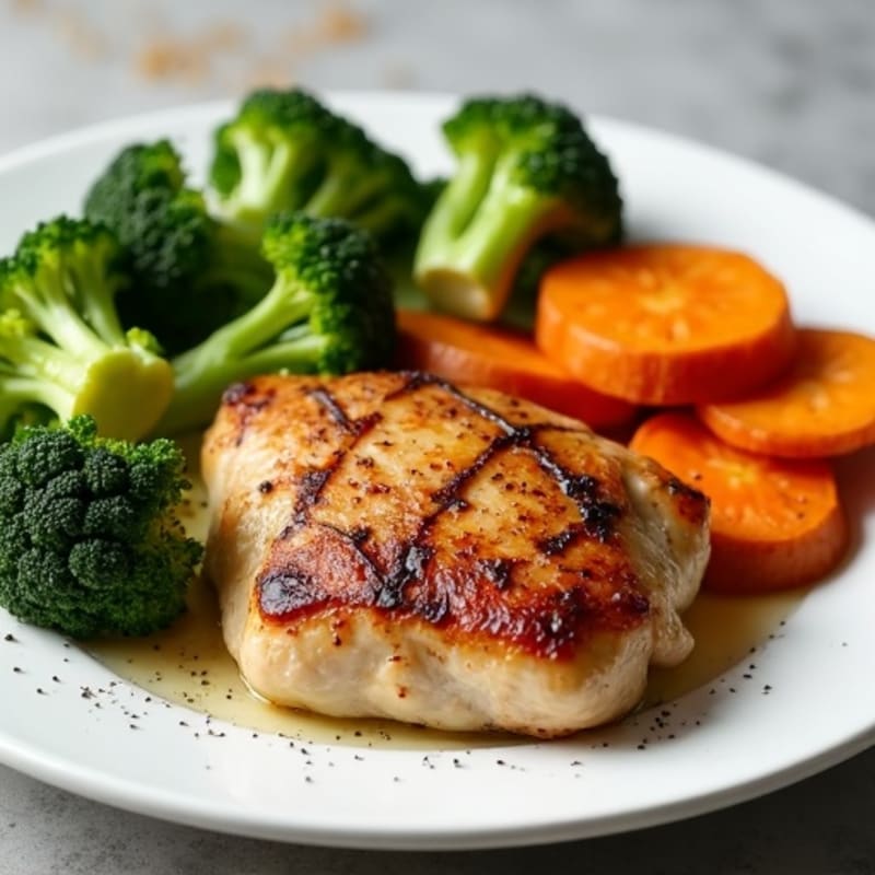 Seared Chicken Thighs with Roasted Broccoli and Sweet Potato