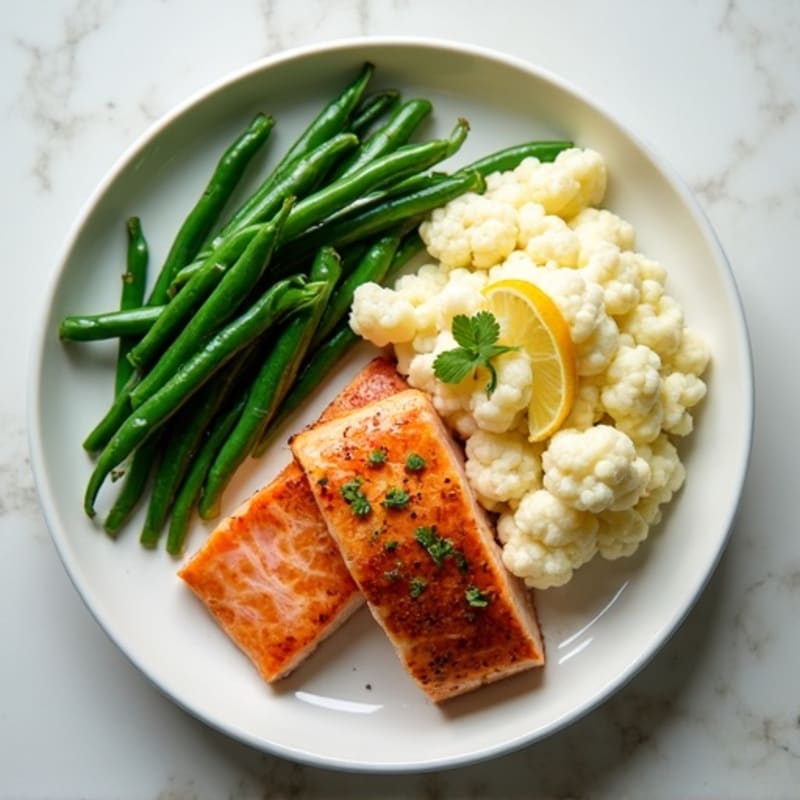 Seared Salmon with Steamed Green Beans and Garlic Mashed Cauliflower