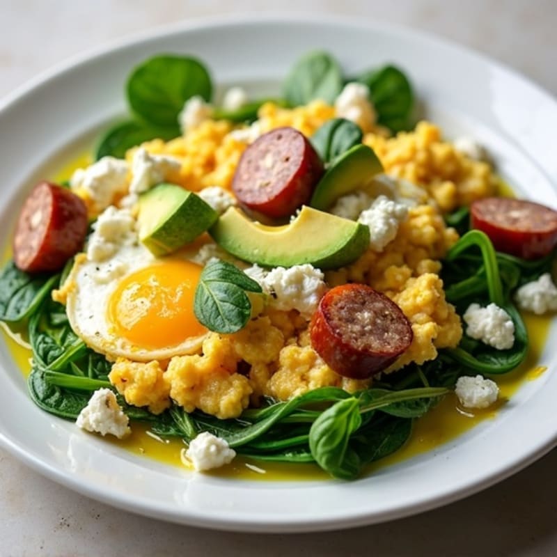 Egg White and Turkey Sausage Scramble with Spinach, Feta, and Avocado