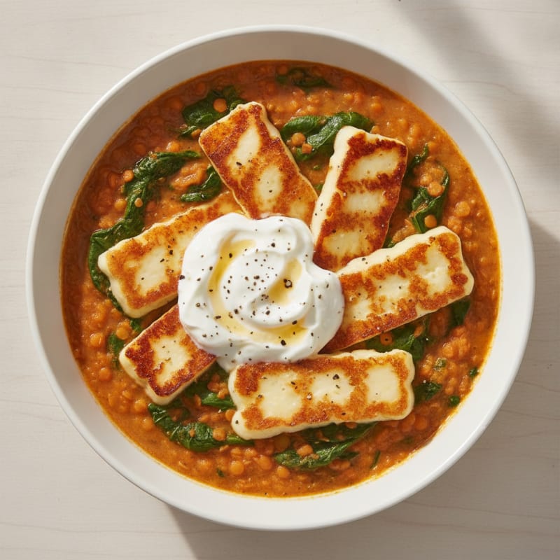 Creamy Lentil and Spinach Stew with Grilled Halloumi