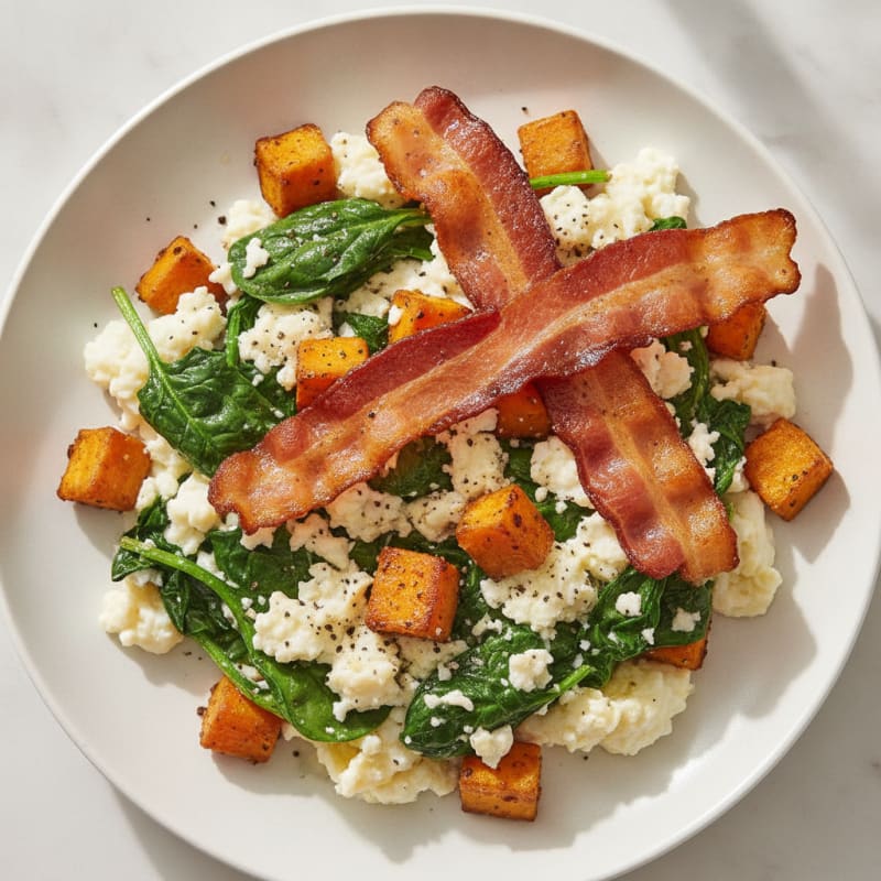 Crispy Turkey Bacon and Egg White Scramble with Spinach and Sweet Potato