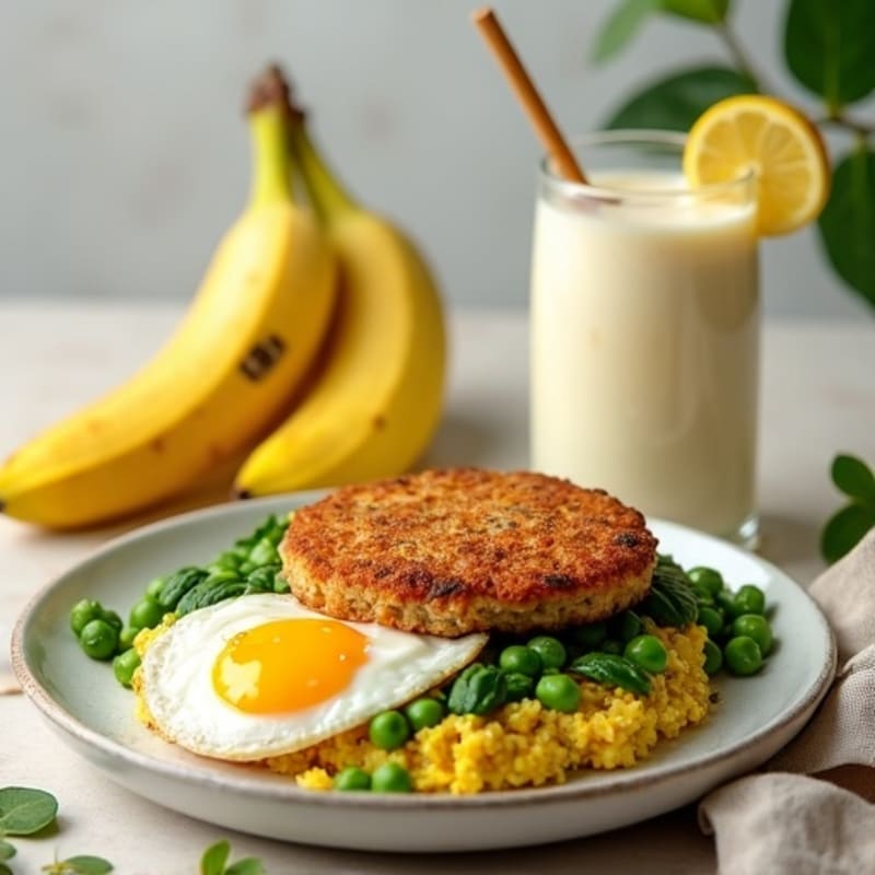 Crispy Chicken Patty and Spinach Egg Scramble with Greek Yogurt & Banana Milkshake
