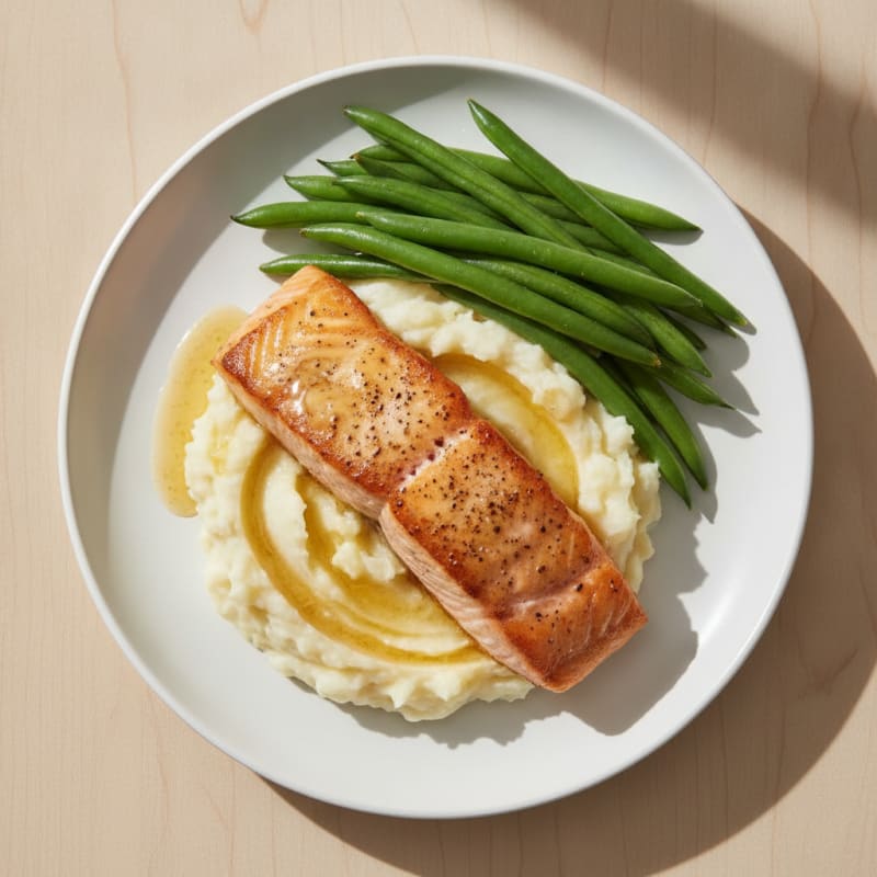 Seared Salmon with Steamed Green Beans and Garlic Mashed Potatoes