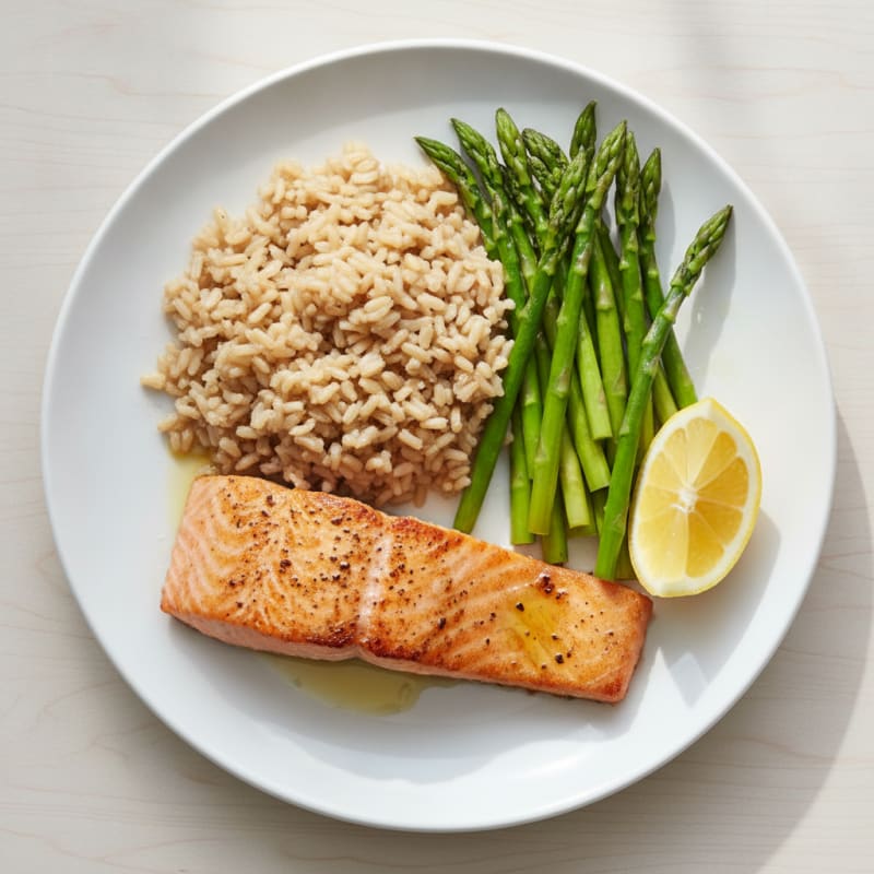 Seared Salmon Fillet with Steamed Asparagus and Brown Rice