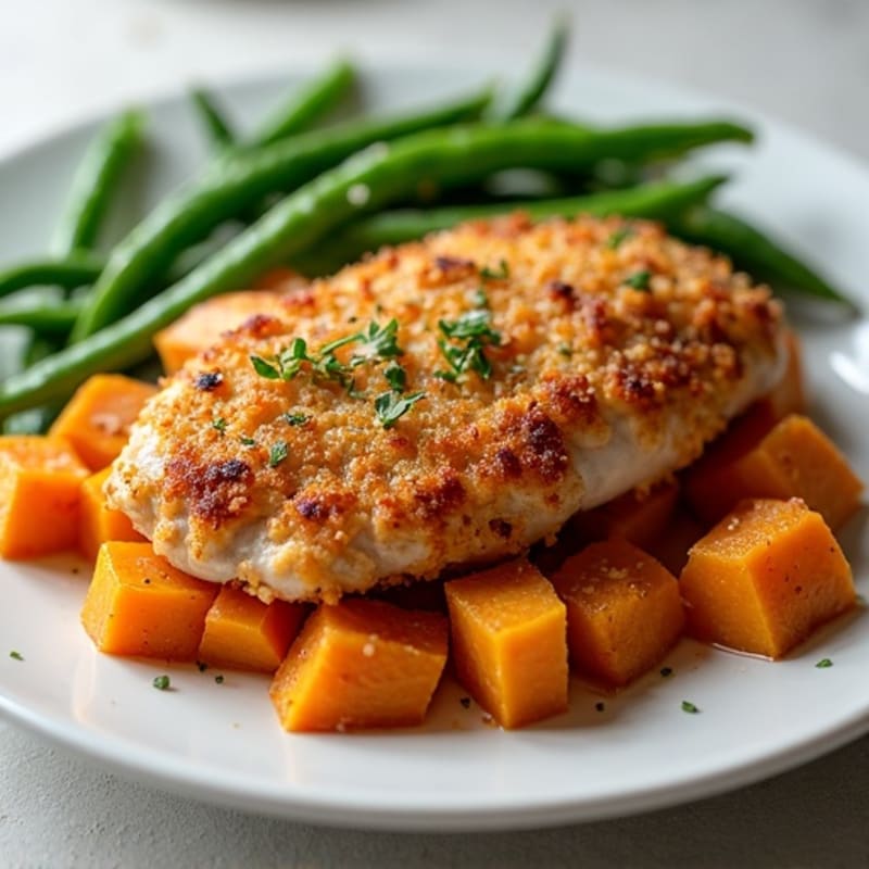 Crispy Chicken Breast with Roasted Sweet Potatoes and Steamed Green Beans
