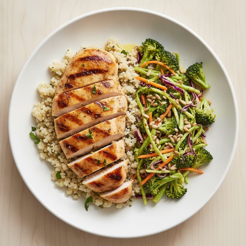 Grilled Chicken Breast with Quinoa and Crunchy Broccoli Slaw