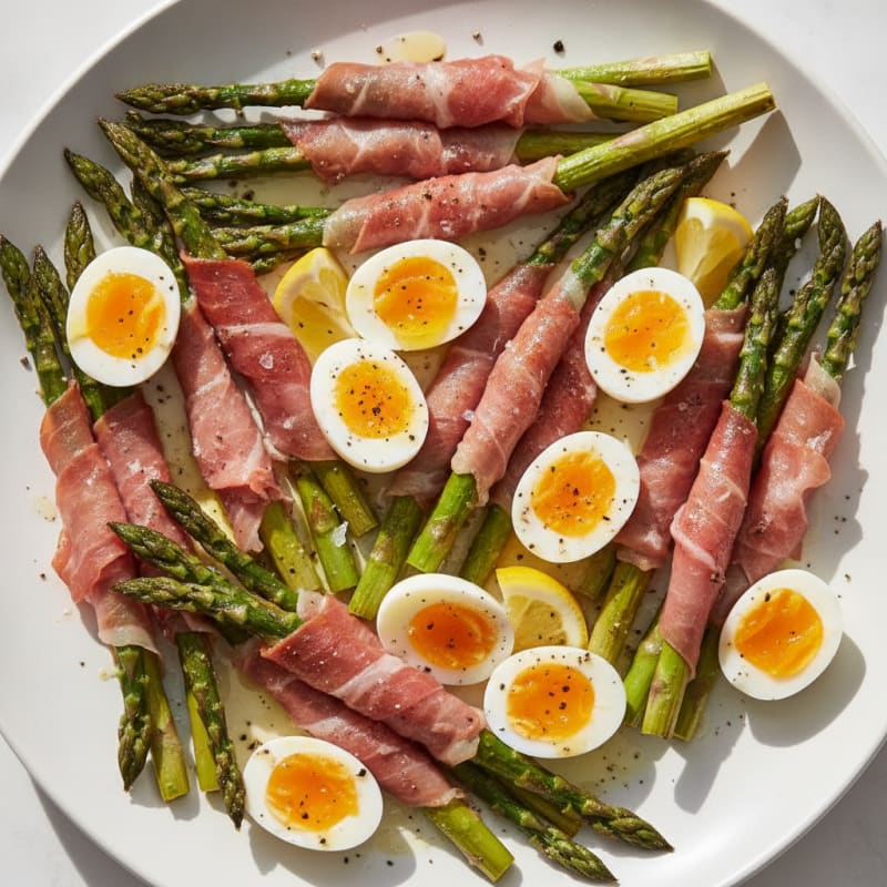 Quail Eggs with Roasted Asparagus and Prosciutto
