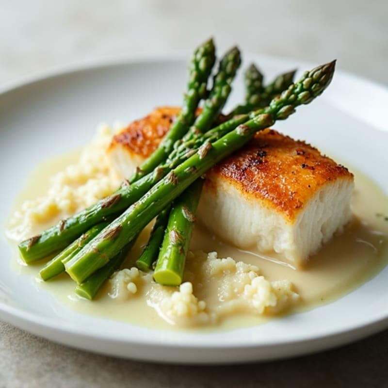 Seared Cod with Roasted Asparagus and Cauliflower Mash