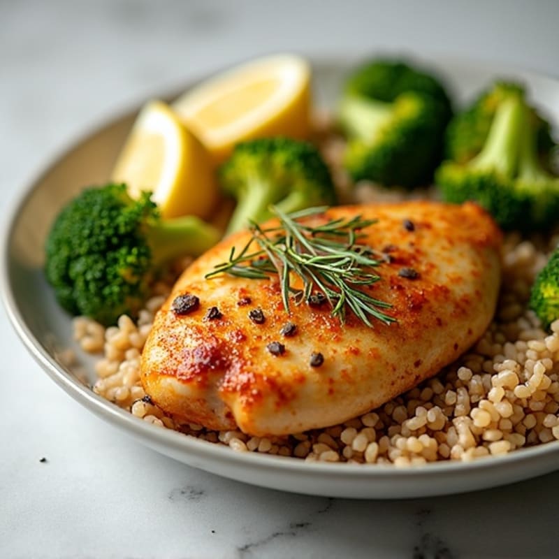 Crispy Lemon-Herb Roasted Chicken with Brown Rice and Roasted Broccoli
