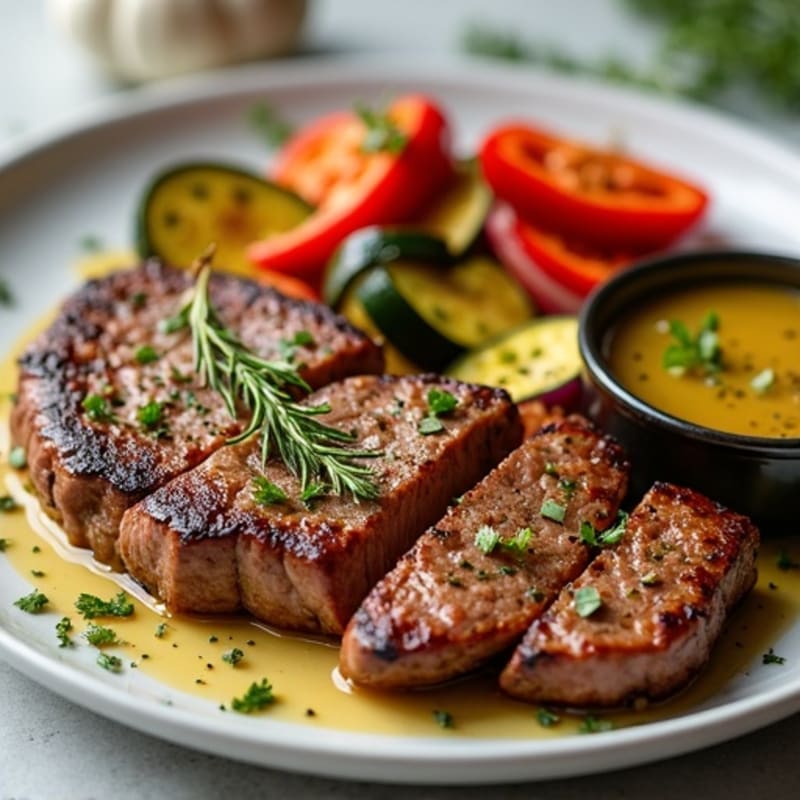 Garlic-Herb Crusted Pan-Seared Steak with Roasted Vegetables
