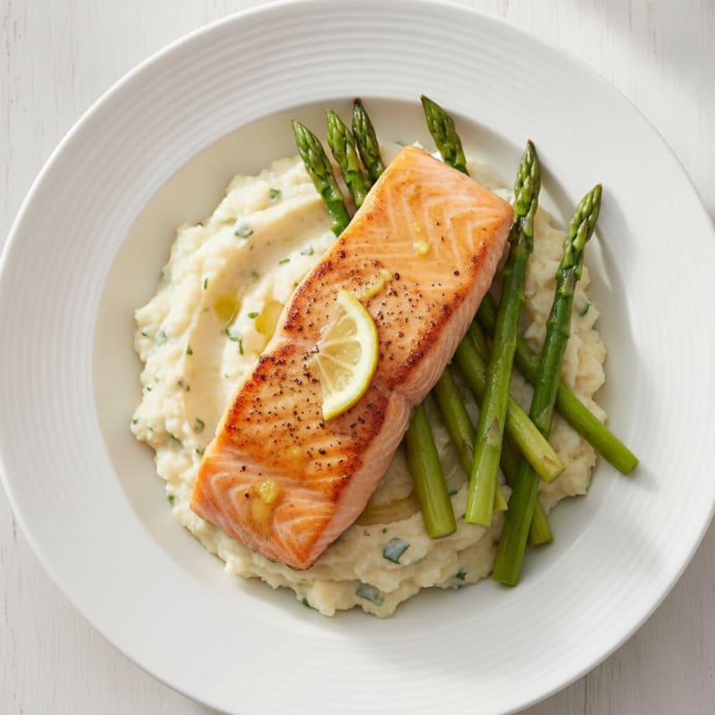 Seared Salmon Fillet with Steamed Asparagus and Cauliflower Mash