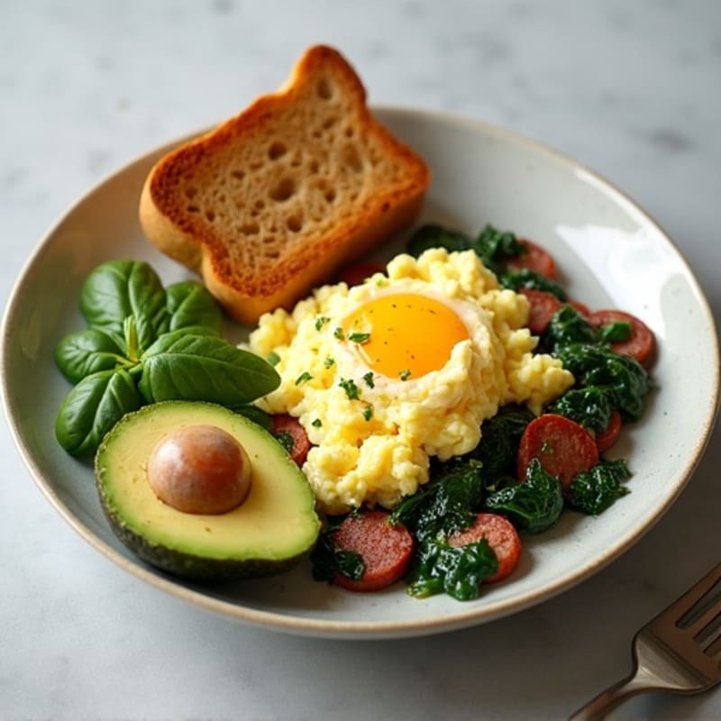 Egg White Scramble with Turkey Sausage and Sautéed Spinach