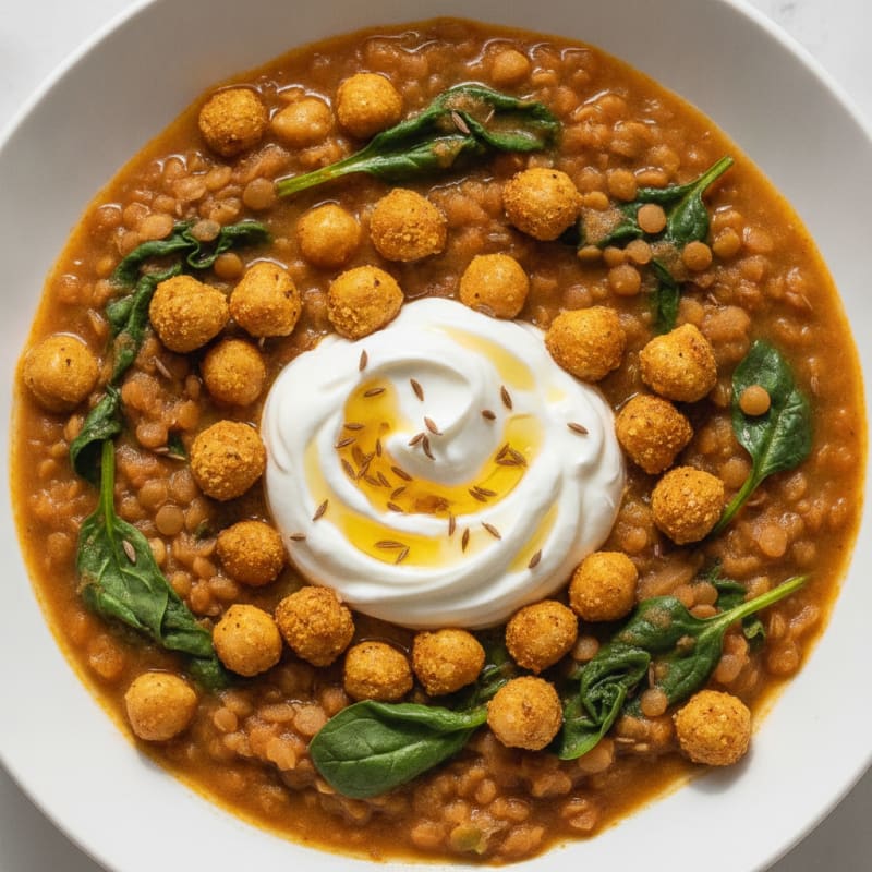 Creamy Lentil and Spinach Stew with Roasted Chickpeas