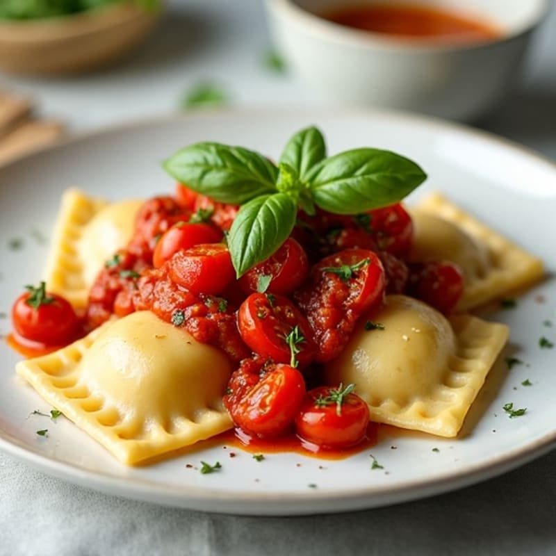 Ricotta-Spinach Stuffed Ravioli with Herb-Roasted Tomato Sauce