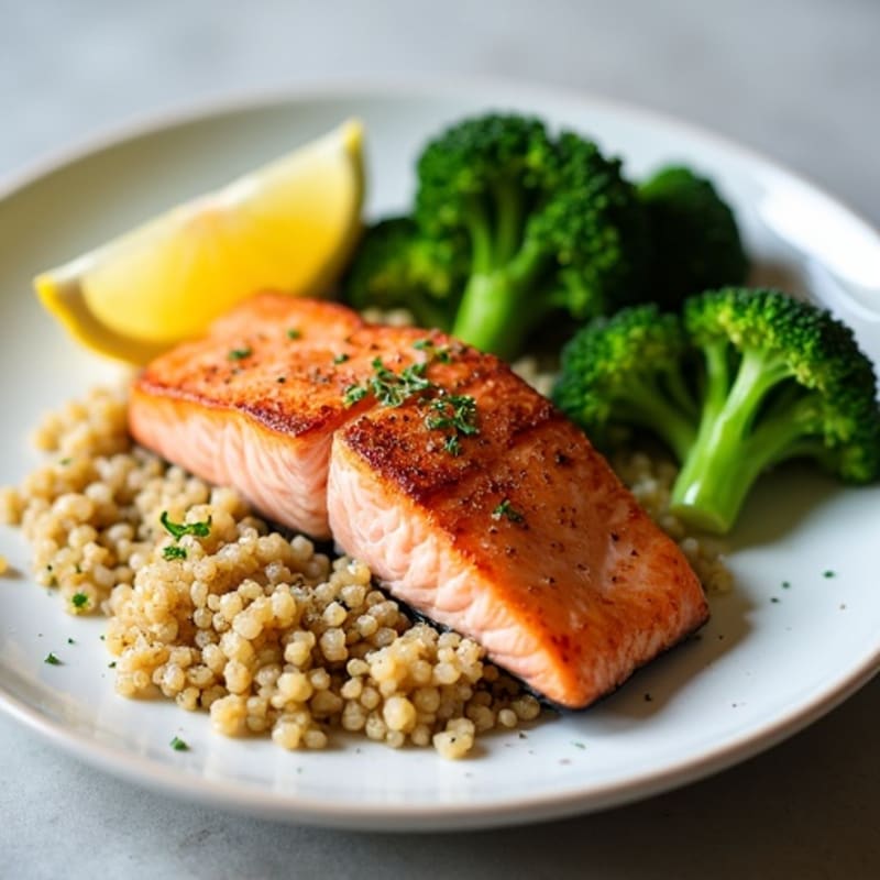 Seared Salmon with Steamed Broccoli and Quinoa