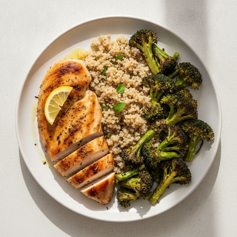 Grilled Chicken Breast with Roasted Broccoli and Quinoa